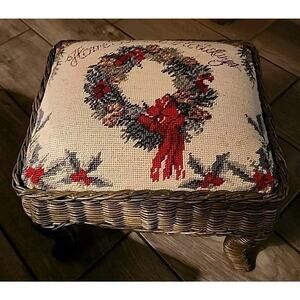 VTG Christmas Wool Needlepoint & Wicker Ottoman Home For The Holidays Wreath